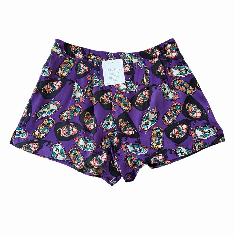 NWT Vintage 90’s Silk Shorts, African Tribal Mask Print Size 36